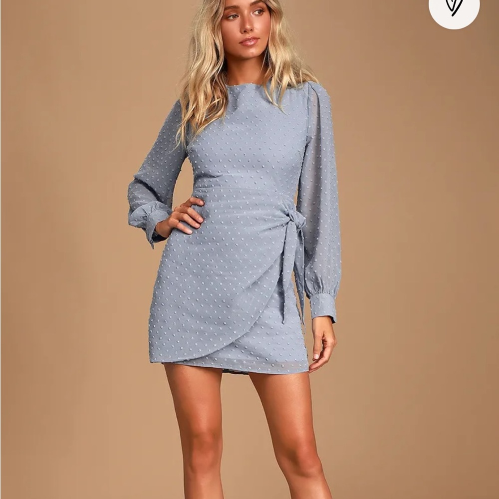 Much Love Light Blue Swiss Dot Long Sleeve Tie-Front Mini Dress